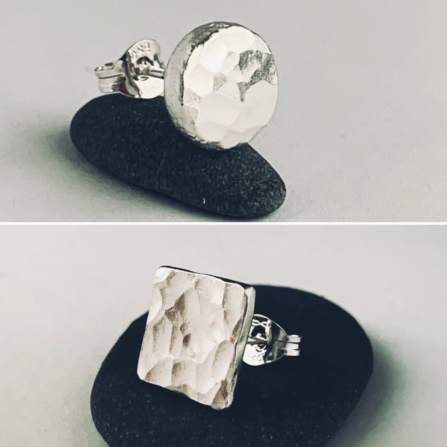 Recycled sterling silver square or round stud earring 