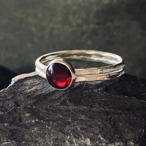 Recycled Sterling Silver Garnet Skinny Textured Ring and Skinny Textured Ring