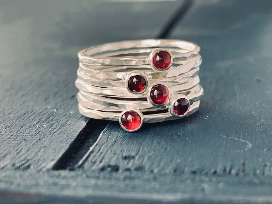 Recycled Sterling Silver Garnet Skinny Textured Ring Stack