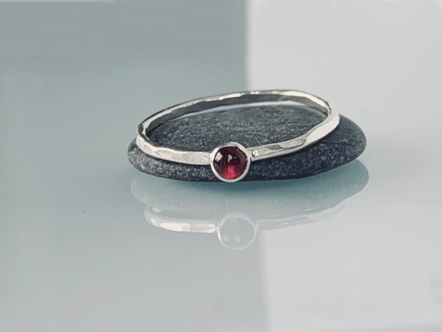Recycled Sterling Silver Garnet Skinny Textured Ring 