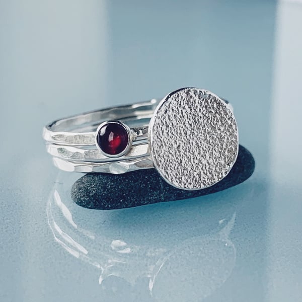 Recycled Sterling Silver Garnet Skinny Textured Ring Stack