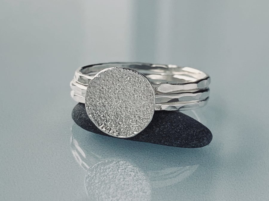 Recycled Sterling Silver Disc Skinny Textured Ring Stack