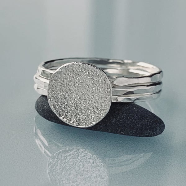 Recycled Sterling Silver Disc Skinny Textured Ring Stack