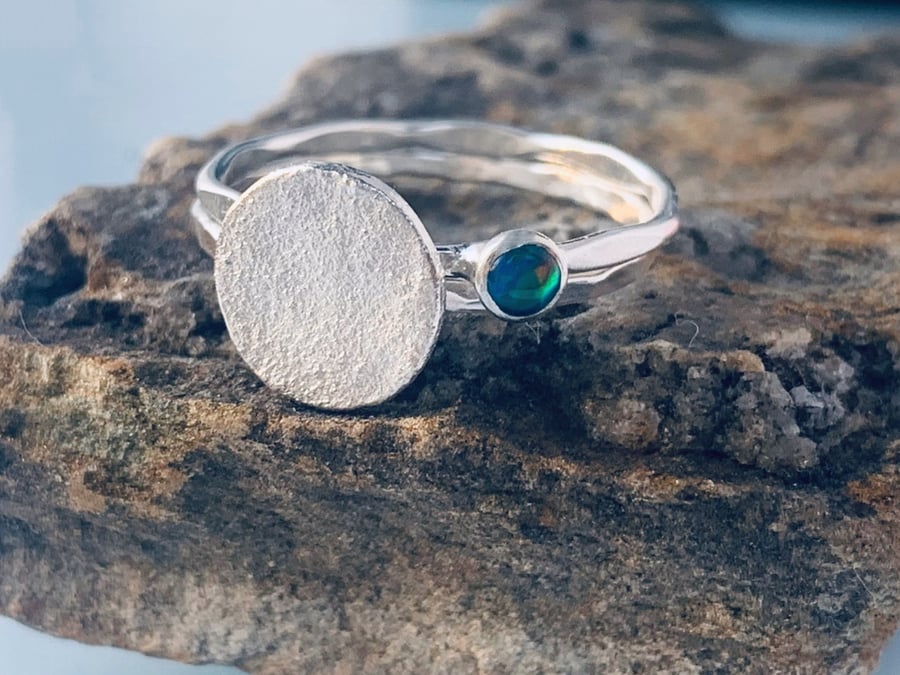 Recycled Sterling Silver Opal Skinny Textured Ring Stack
