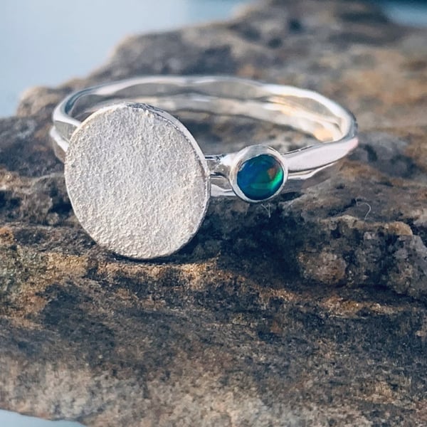 Recycled Sterling Silver Opal Skinny Textured Ring Stack