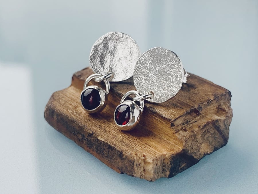 Recycled Sterling Silver Garnet Drop Stud Earrings