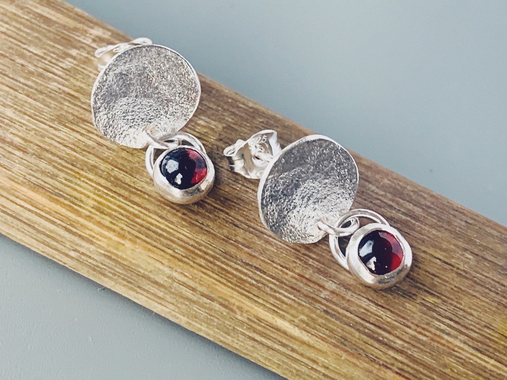 Sterling Silver Garnet STONE Drop Stud Earrings, Handmade Urban Jewellery Design
