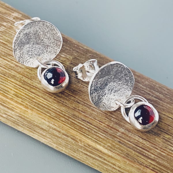Sterling Silver Garnet Drop Stud Earrings, Handmade Urban Jewellery Design