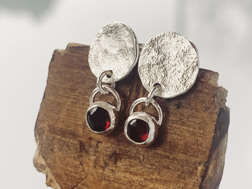 Sterling Silver Garnet Drop STUD Earrings, Handmade Urban Jewellery Design