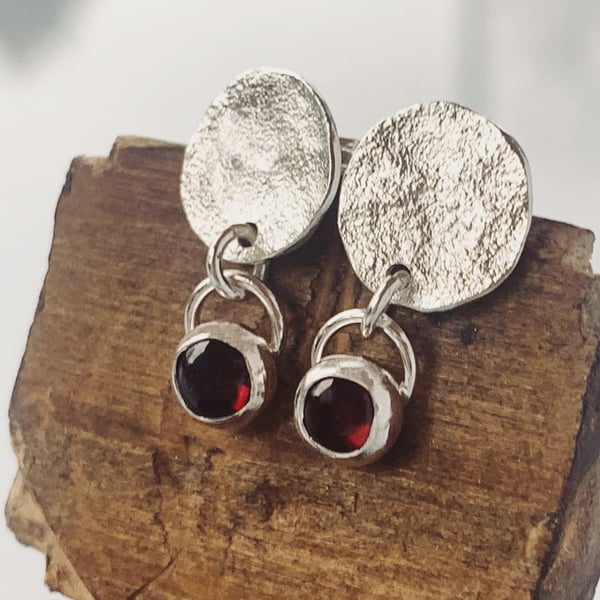 Sterling Silver Garnet Drop STUD Earrings, Handmade Urban Jewellery Design