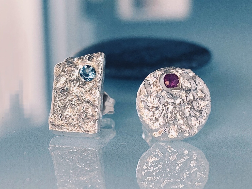 STERLING SILVER Ruby Stud & Topaz Stud Earrings, Handmade Urban Jewellery