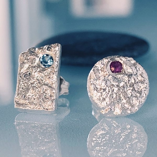 STERLING SILVER Ruby Stud & Topaz Stud Earrings, Handmade Urban Jewellery