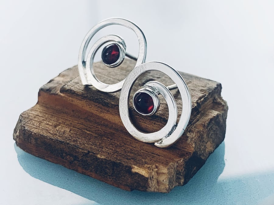 Recycled HANDMADE Sterling Silver Swirl Garnet Stud Earrings