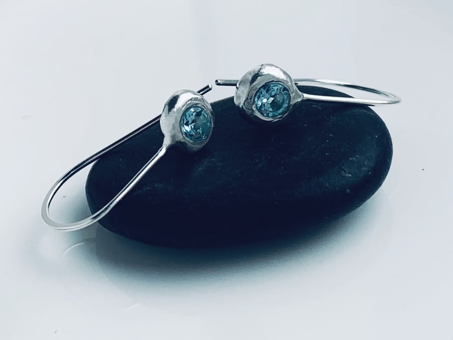 Recycled Handmade Pebble drop earrings blue topaz