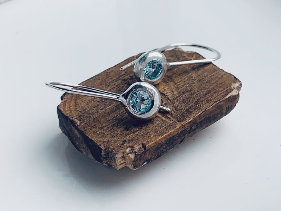 Recycled Handmade Pebble drop earrings blue topaz