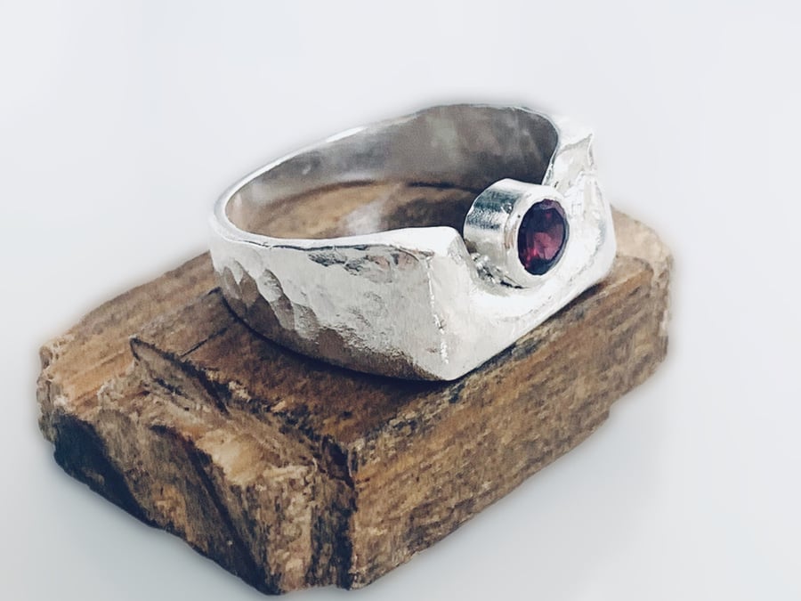 Recycled HANDMADE Sterling Silver Garnet Ring