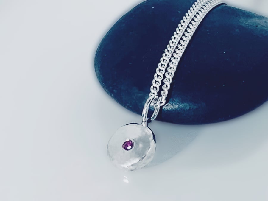 HANDMADE Recycled sterling silver Ruby set pebble pendant