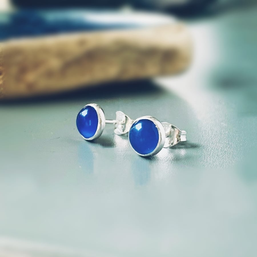 BLUE AGATE STUDS Recycled Sterling Silver Vibrant Blue Agate Stud Earrings 