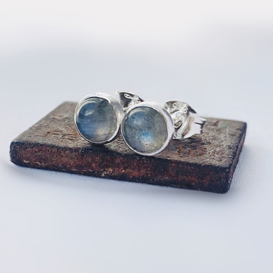 Sterling silver Labradorite stud earrings, Handmade STONE Design