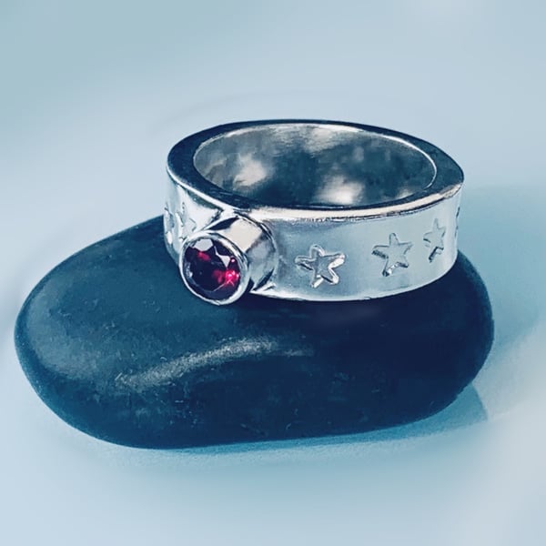 LIBERTY STAR Recycled HANDMADE Sterling Silver Garnet Ring