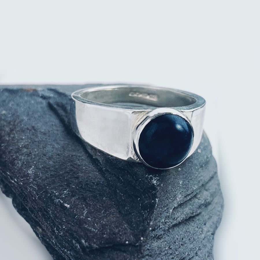 Sterling silver signet style ring  Signet style ring set with a 8 mm Sodalite 