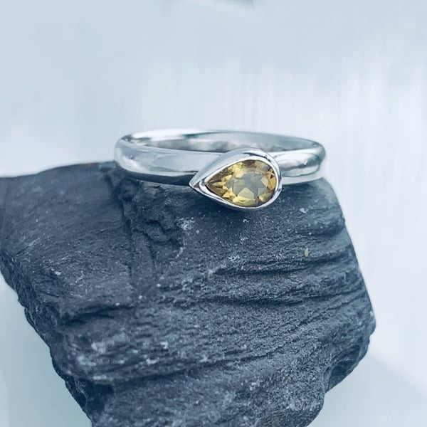 Recycled Sterling Silver Citrine Ring, Minimalist designed pear shaped Citrine 