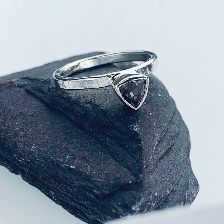STERLING SILVER Trillion Cut Smokey Quartz Textured Ring, Handmade Jewellery