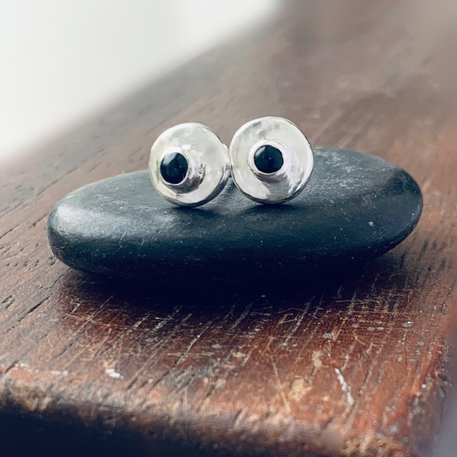 Recycled Sterling Silver stud earrings, silver black onyx stud earrings