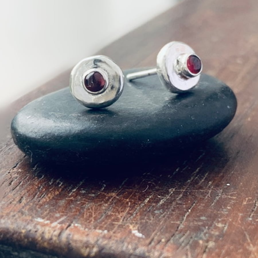 Recycled Sterling Silver silver stud earrings, silver garnet stud earrings