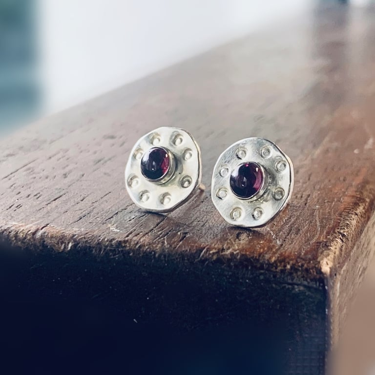 Recycled Sterling Silver Garnet Textured Disc Stud Earrings