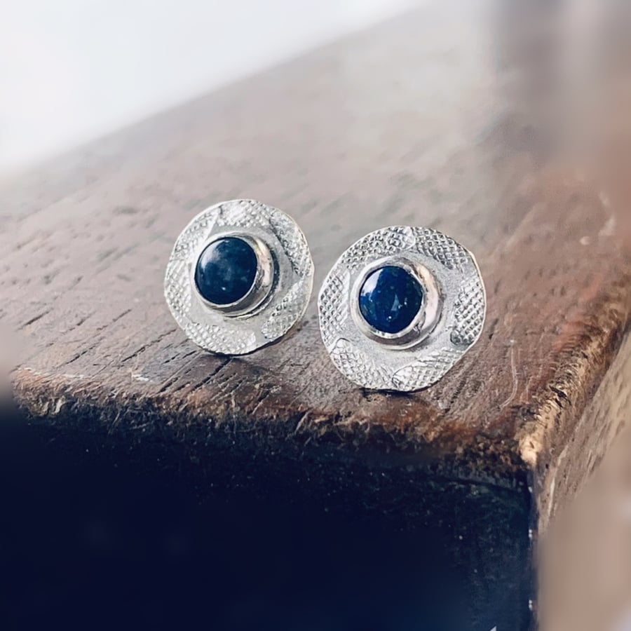 Recycled Sterling Silver Sodalite Textured Stud Earrings