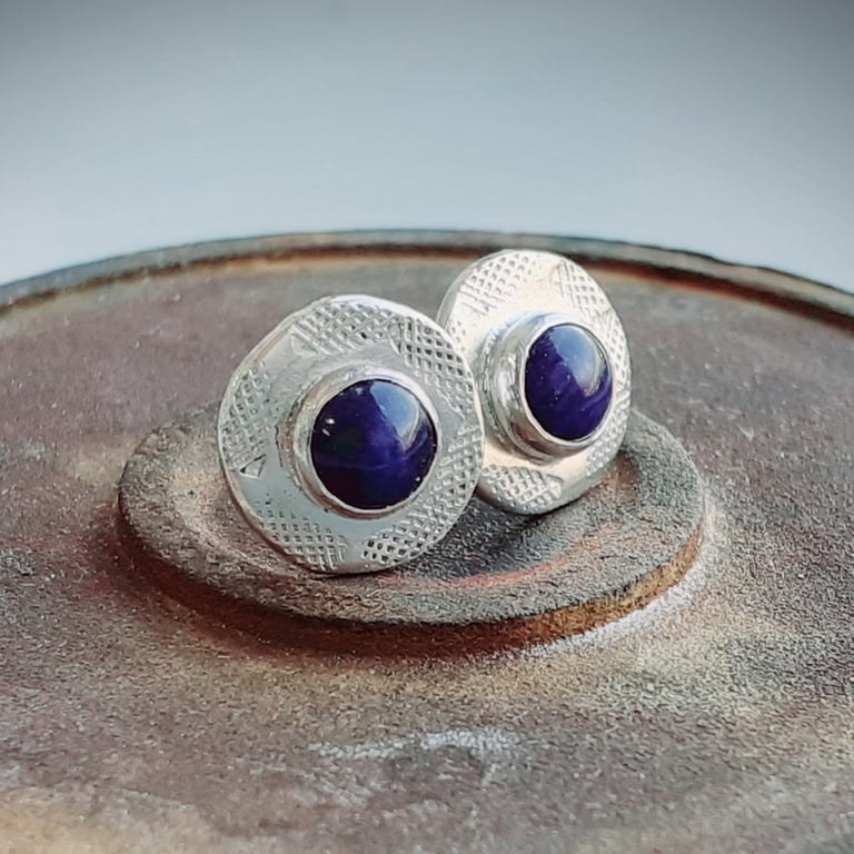 Recycled Sterling Silver Sodalite Textured Stud Earrings