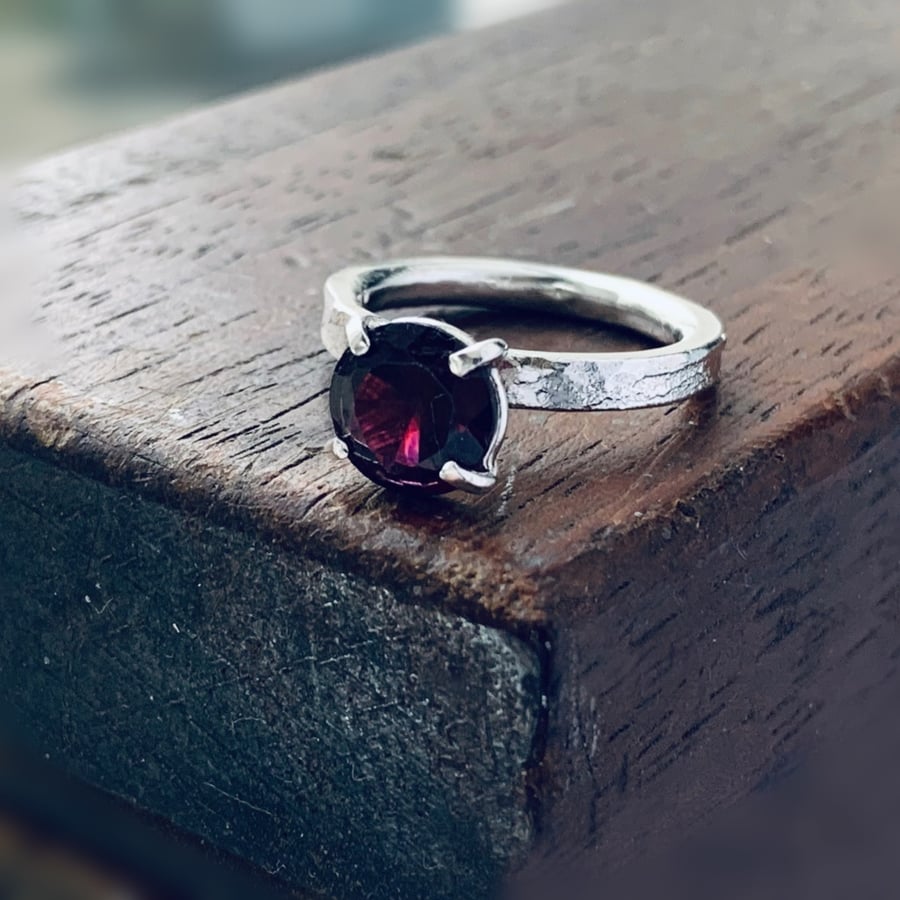 HANDMADE  Recycled Sterling Silver Garnet Solitaire Ring
