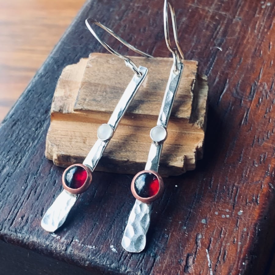  SILVER Drop garnet and moonstone earrings, Handmade Urban Design 