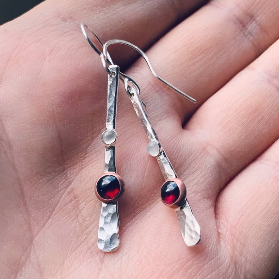 Sterling Silver garnet and moonstone earrings, Handmade Urban Design WEDDING