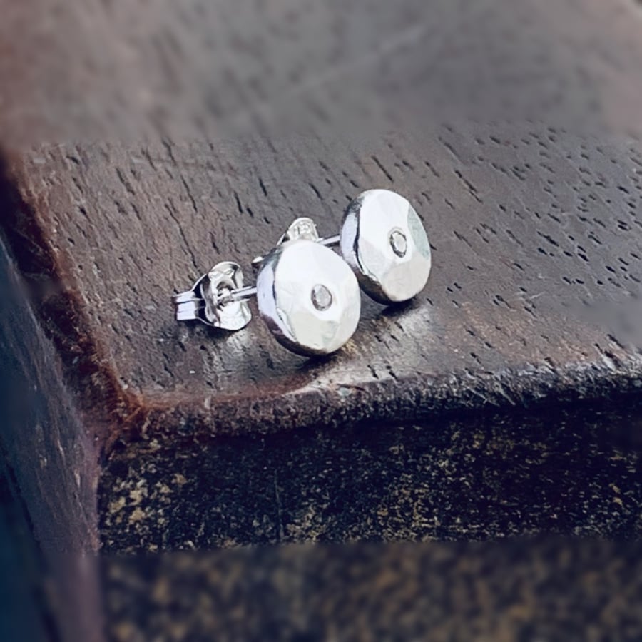 Diamond Recycled Silver Earrings, silver stud earrings,pebble stud earrings 