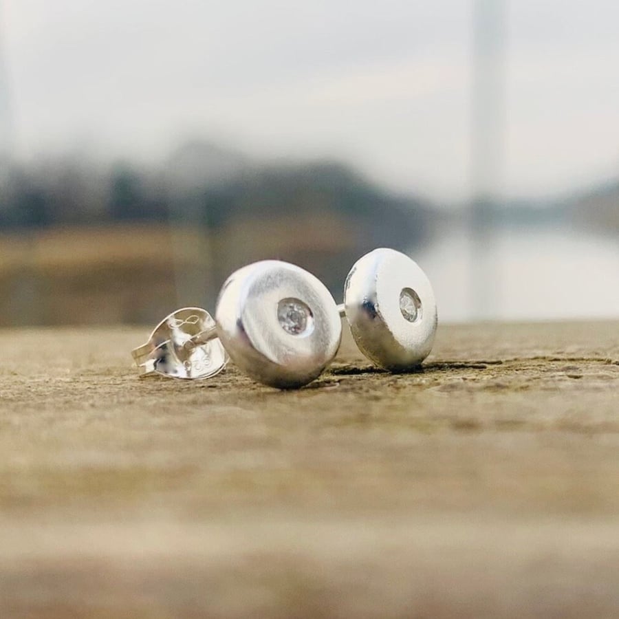 Natural Diamond HANDMADE Recycled Silver Earrings, silver studs earrings 