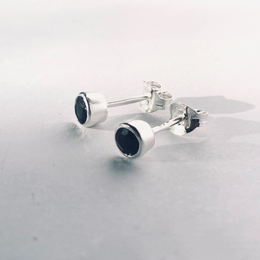 Black Sapphire Stud earrings, recycled sterling silver earrings