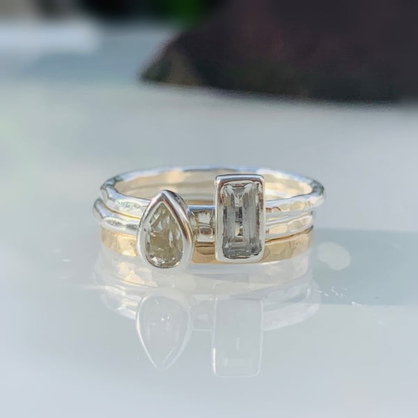 Recycled Sterling Silver and Gold White Topaz Stacking Rings