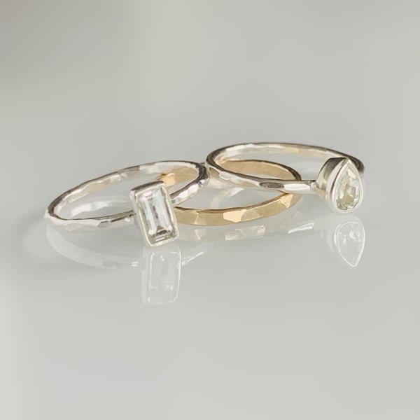 Recycled HANDMADE Sterling Silver and Gold White Topaz Stacking Rings