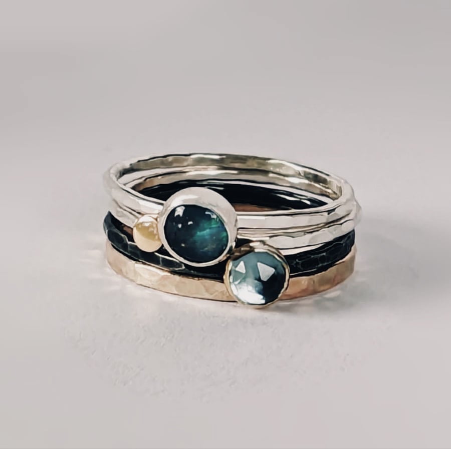 Sterling Silver and Gold stacking rings, Handmade Urban design Jewellery