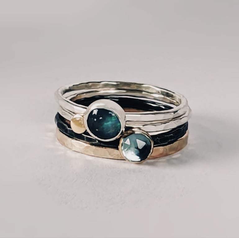 Sterling Silver and Gold stacking rings, Handmade Urban design Jewellery