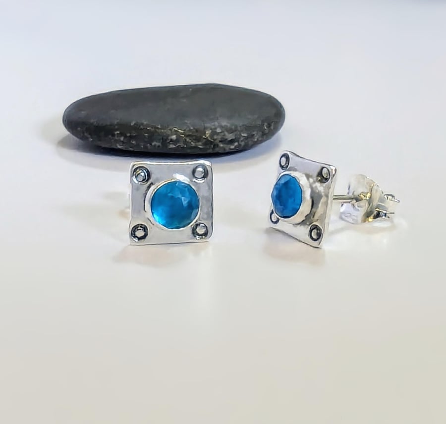 STUD EARRINGS Neon Blue Apatite Earrings, Handmade Urban Design