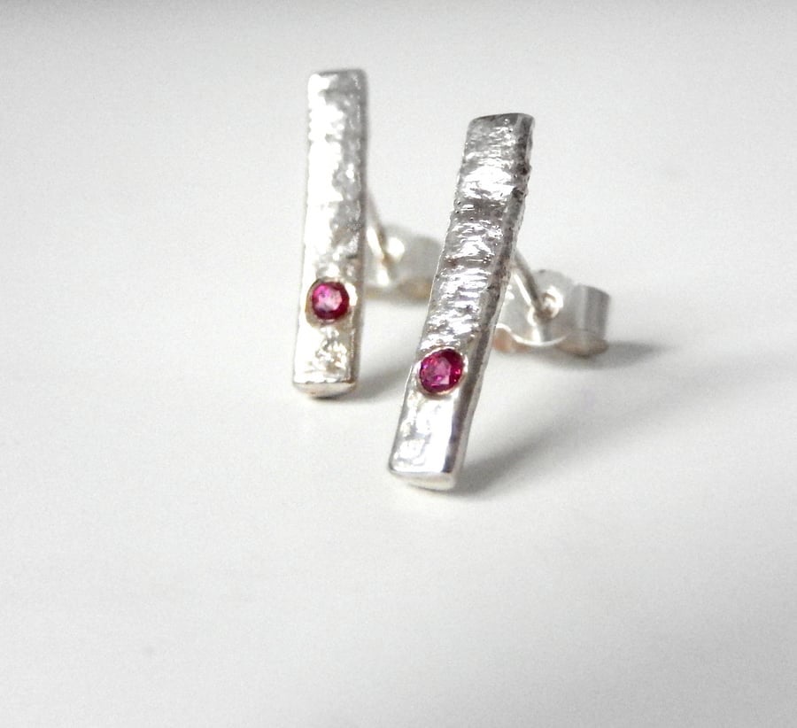 STERLING SILVER natural ruby stud earrings, Handmade Urban Design Jewellery