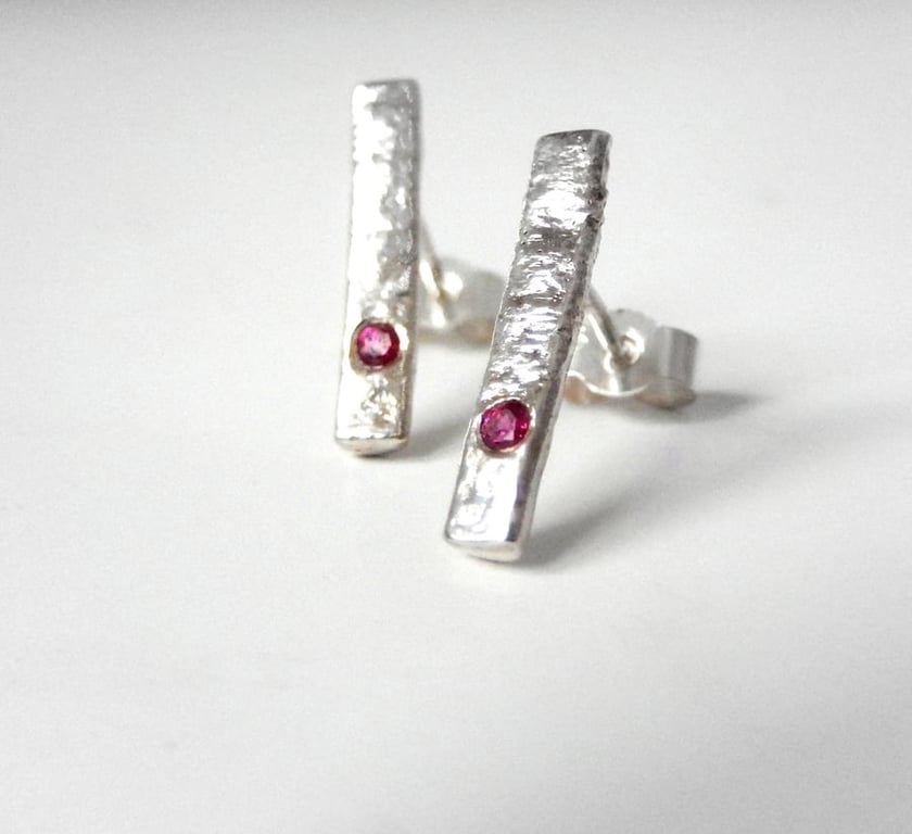 STERLING SILVER natural ruby stud earrings, Handmade Urban Design Jewellery