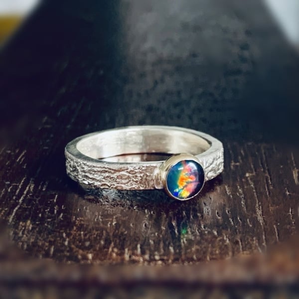 HANDMADE Recycled Sterling silver and 14 carat Solid Gold Opal Triplet Ring.