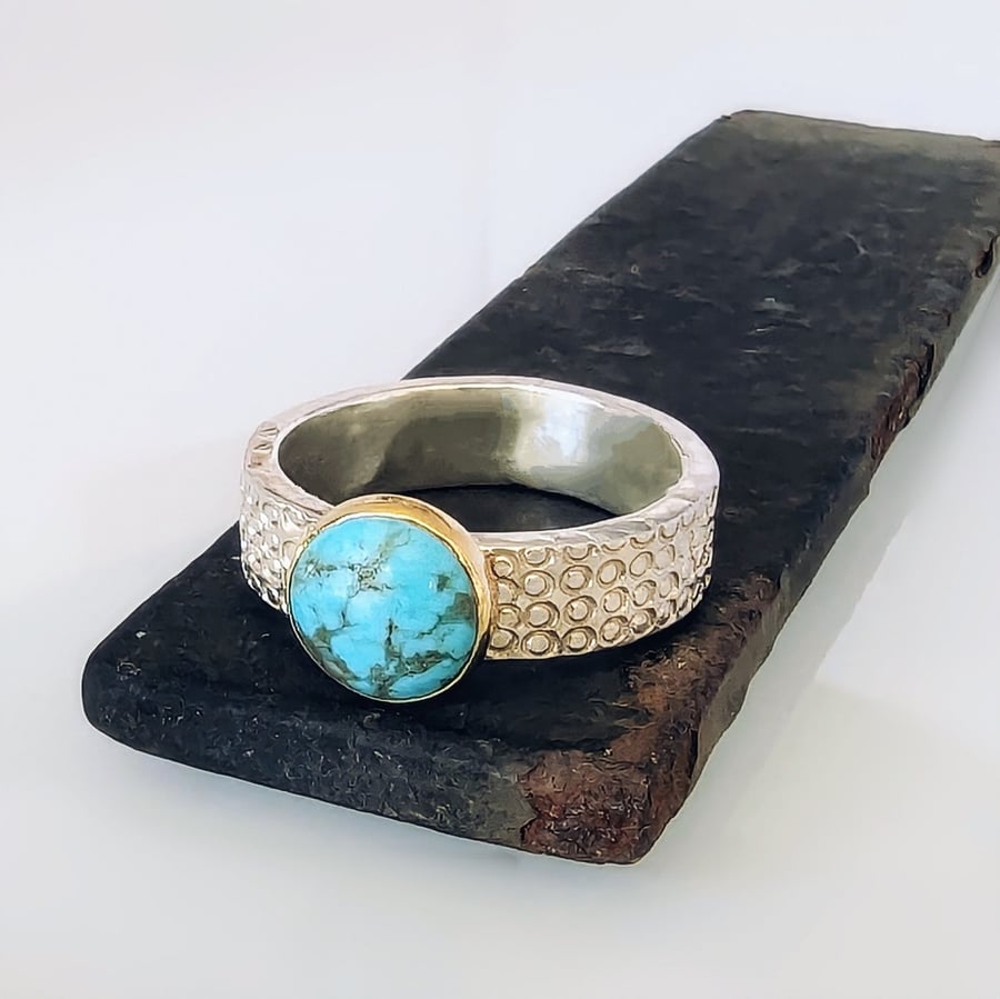 Natural Turquoise HANDMADE Recycled Sterling Silver and 9 carat GoldRing