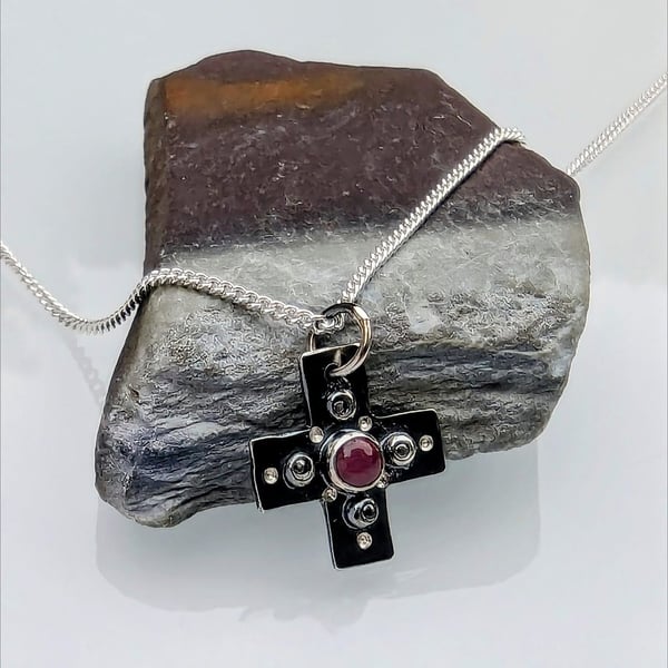 HANDMADE Recycled Sterling Silver Natural Ruby Cross Pendant