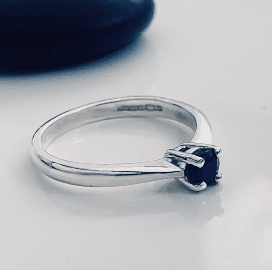 HANDMADE Recycled Sterling Silver Black Natural Sapphire Solitaire Ring