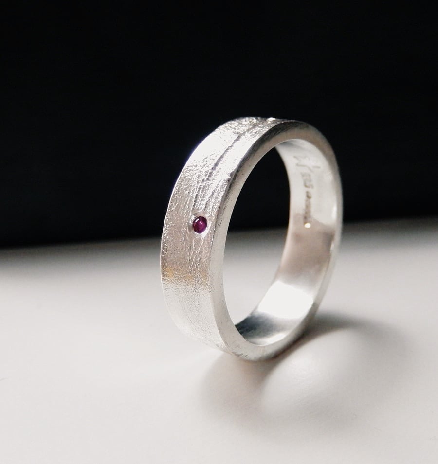 Natural Ruby Recycled Sterling Silver Heat Textured Ruby Ring